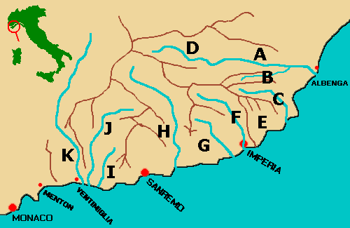 mappa schematica del Ponente ligure